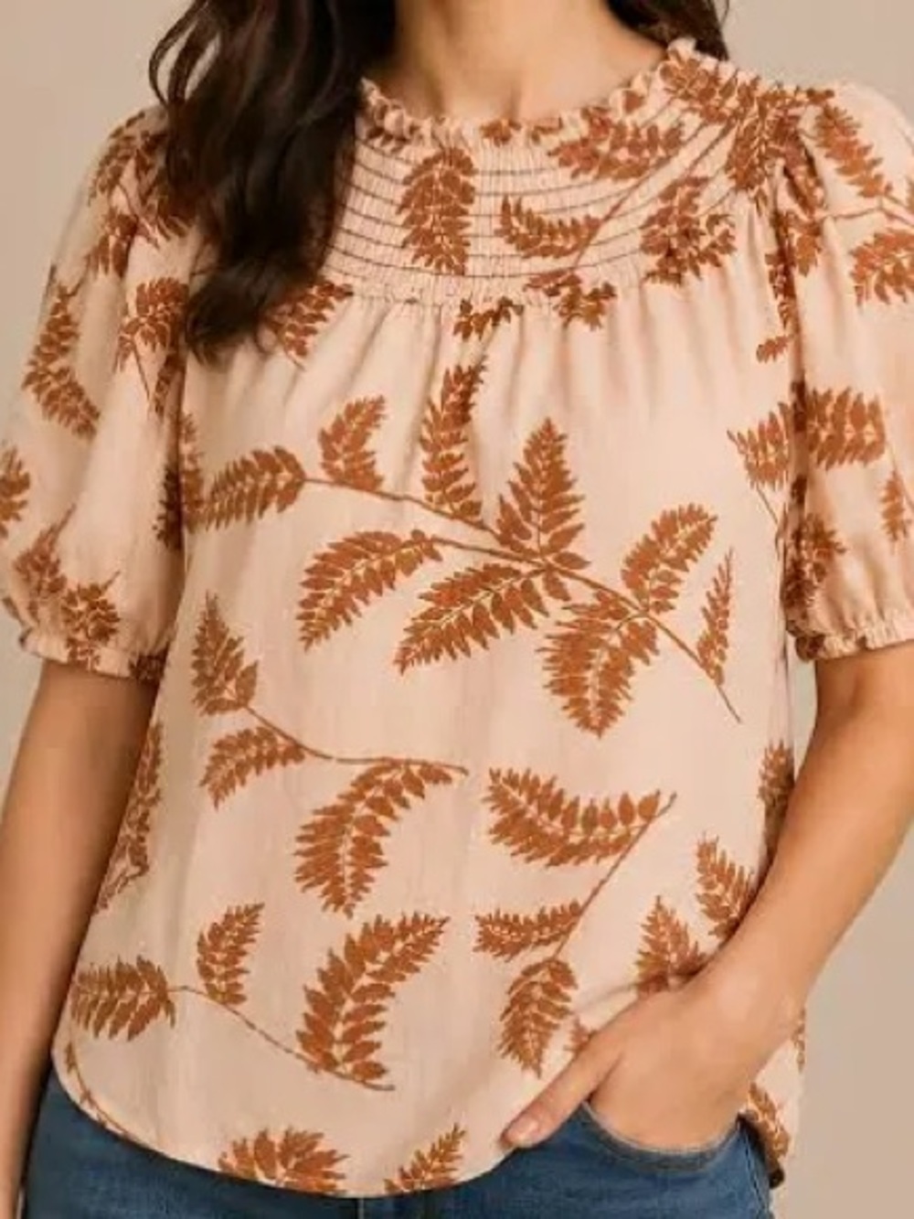 Current Air Anthropologie Fern Print Linen Blend Puff Sleeve Top L